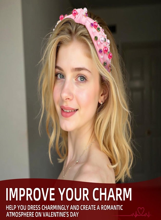 BLAAROOM Valentines Day Headband for Women Pink Knotted Headbands with Pearl Rhinestone Jeweled Hairband Fashion Valentine Holiday Wide Head Band Hair Accessories Gifts for Girls Teen - Pink - Image 5